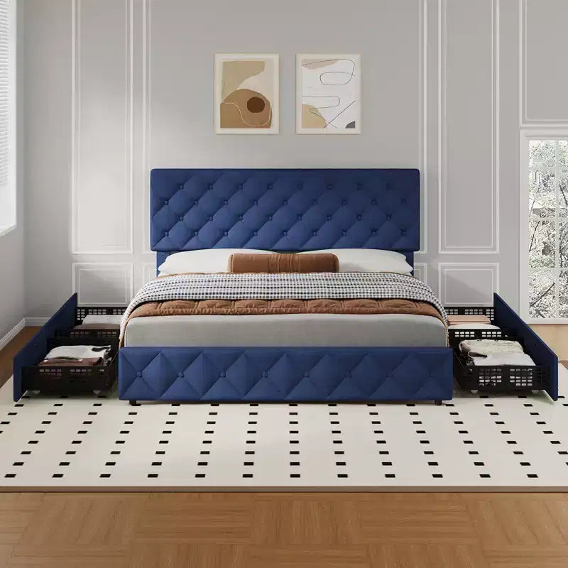 Letto a piattaforma Queen Size in similpelle con 4 cassetti e testiera regolabile – Blu, nessuna necessità di rete a molle