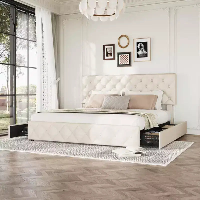 Letto a piattaforma Queen Size in similpelle con 4 cassetti e testiera regolabile – Blu, nessuna necessità di rete a molle