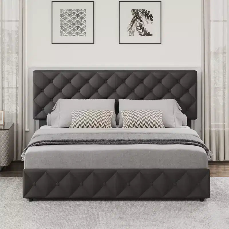 Letto a piattaforma Queen Size in similpelle con 4 cassetti e testiera regolabile – Blu, nessuna necessità di rete a molle