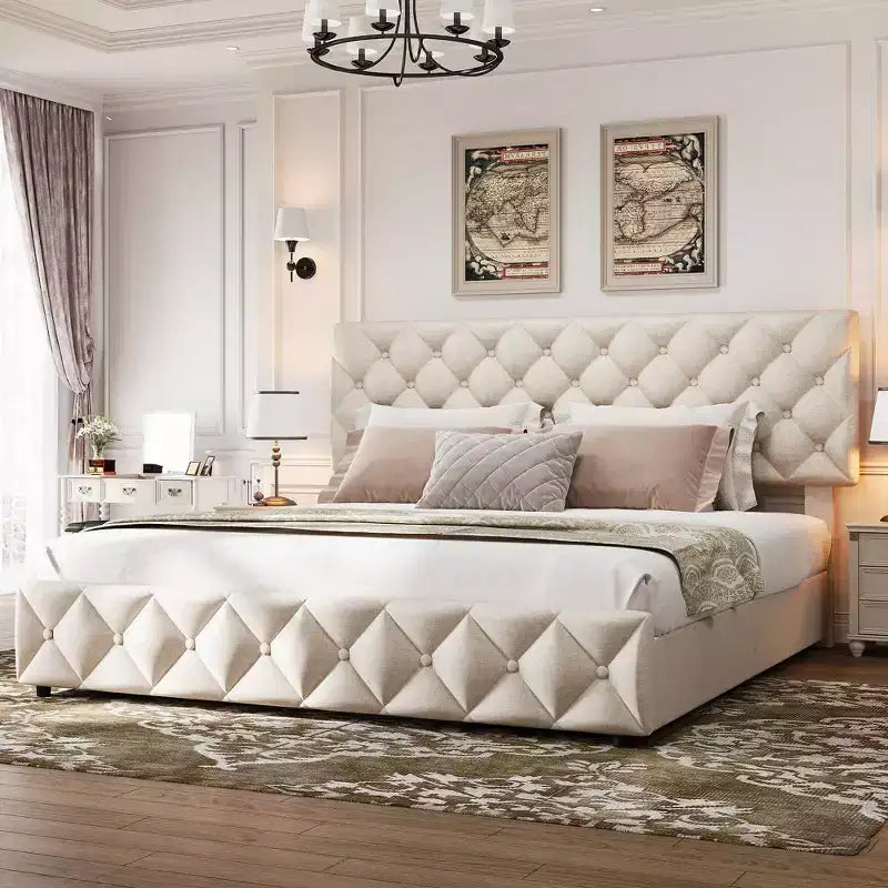 Letto a piattaforma Queen Size in similpelle con 4 cassetti e testiera regolabile – Blu, nessuna necessità di rete a molle