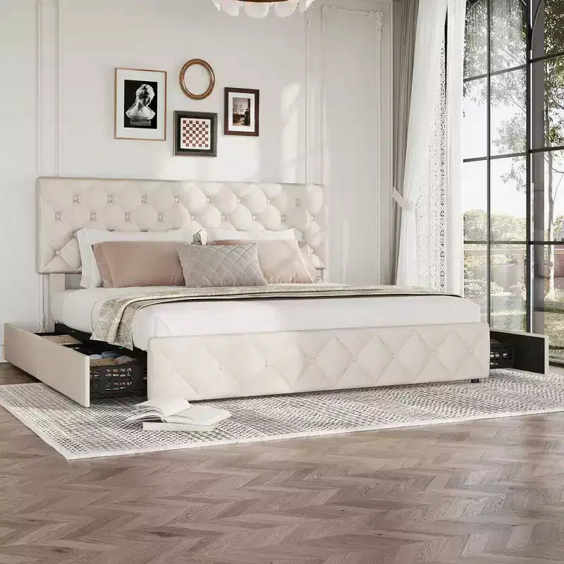 Letto a piattaforma Queen Size in similpelle con 4 cassetti e testiera regolabile – Blu, nessuna necessità di rete a molle