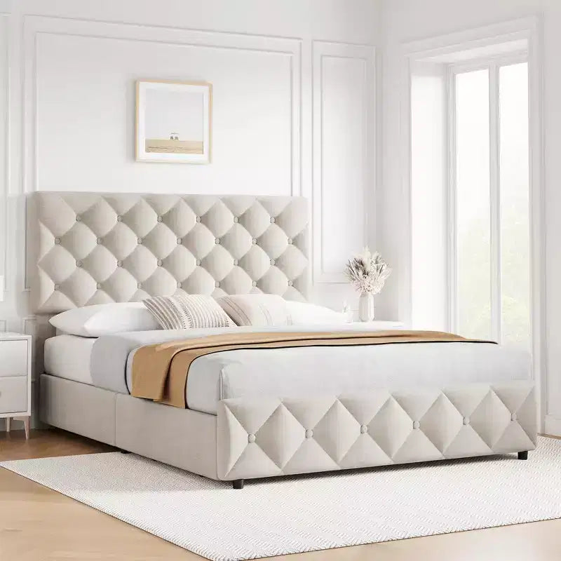Letto a piattaforma Queen Size in similpelle con 4 cassetti e testiera regolabile – Blu, nessuna necessità di rete a molle
