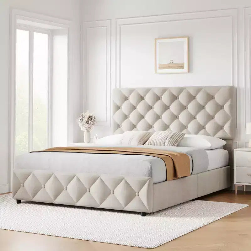 Letto a piattaforma Queen Size in similpelle con 4 cassetti e testiera regolabile – Blu, nessuna necessità di rete a molle