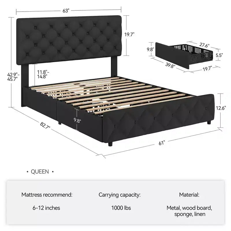 Letto a piattaforma Queen Size in similpelle con 4 cassetti e testiera regolabile – Blu, nessuna necessità di rete a molle