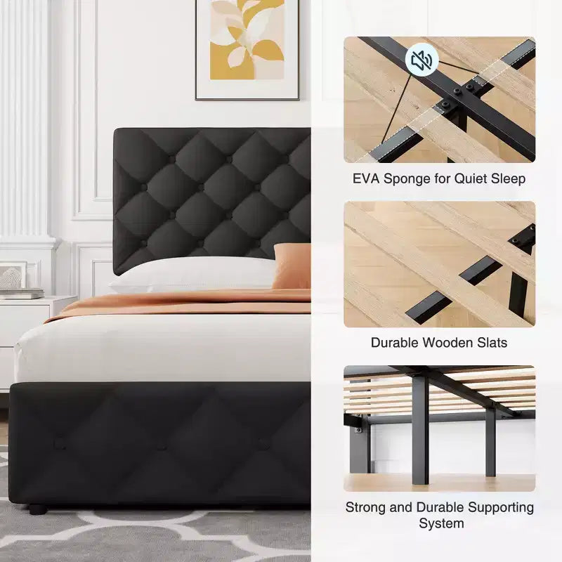 Letto a piattaforma Queen Size in similpelle con 4 cassetti e testiera regolabile – Blu, nessuna necessità di rete a molle
