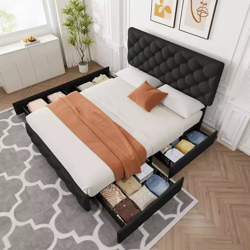 Letto a piattaforma Queen Size in similpelle con 4 cassetti e testiera regolabile – Blu, nessuna necessità di rete a molle