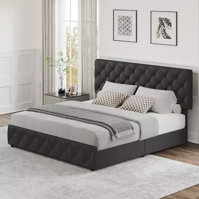 Letto a piattaforma Queen Size in similpelle con 4 cassetti e testiera regolabile – Blu, nessuna necessità di rete a molle
