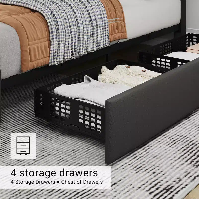 Letto a piattaforma Queen Size in similpelle con 4 cassetti e testiera regolabile – Blu, nessuna necessità di rete a molle