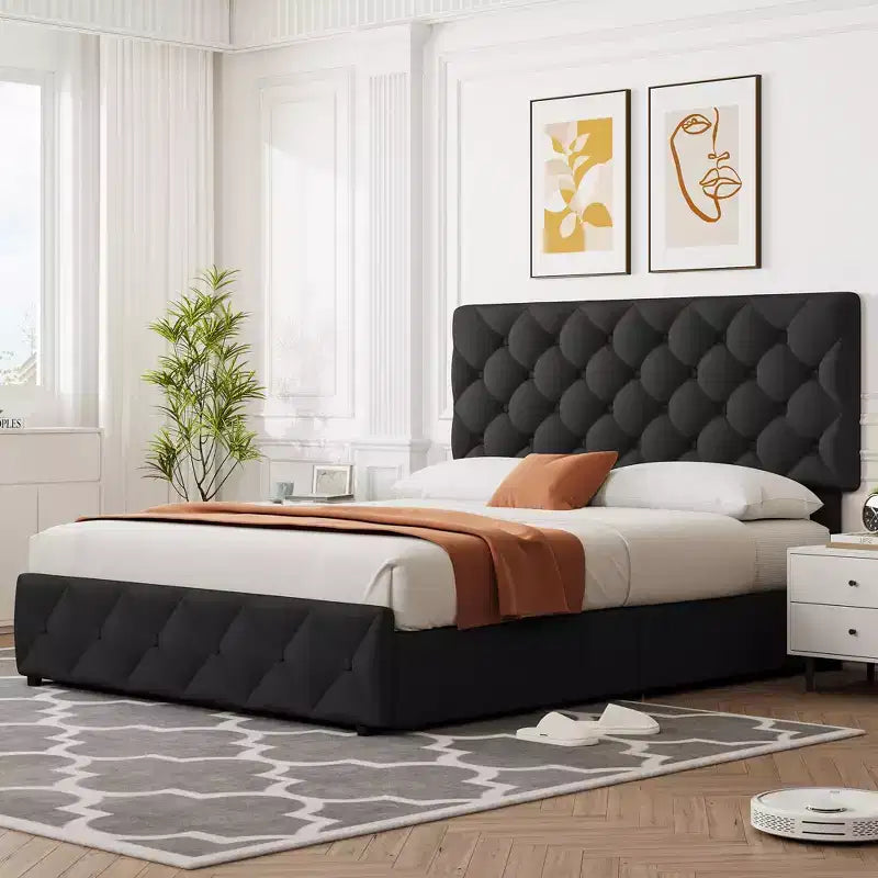 Letto a piattaforma Queen Size in similpelle con 4 cassetti e testiera regolabile – Blu, nessuna necessità di rete a molle