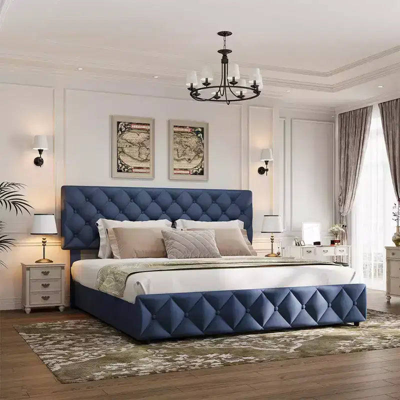Letto a piattaforma Queen Size in similpelle con 4 cassetti e testiera regolabile – Blu, nessuna necessità di rete a molle