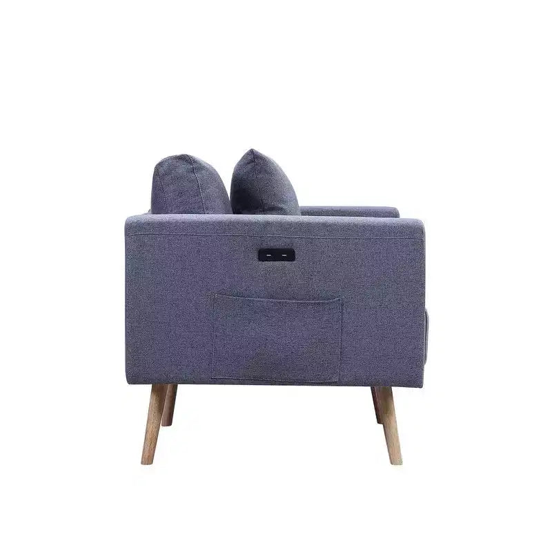 Poltrona Grigia in Lino con Porte di Ricarica USB, Tasche Laterali, Gambe in Legno Massello e Cuscino Decorativo