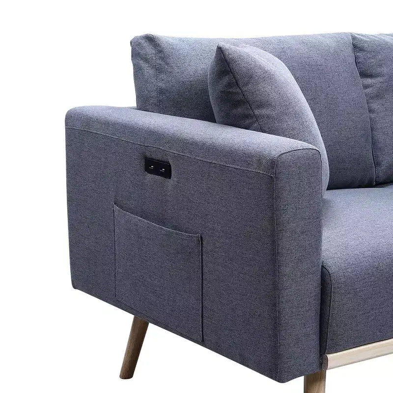 Poltrona Grigia in Lino con Porte di Ricarica USB, Tasche Laterali, Gambe in Legno Massello e Cuscino Decorativo