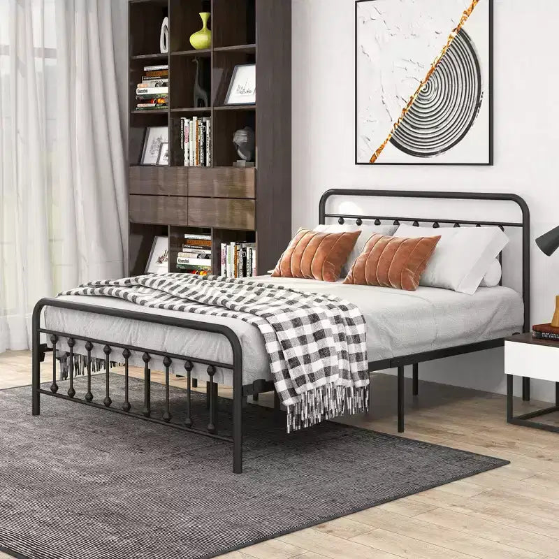 Struttura Letto Matrimoniale in Metallo con Testiera e Pediera, Capacità 200 kg, Spazio Contenitore Sotto al Letto da 27 cm – Nero