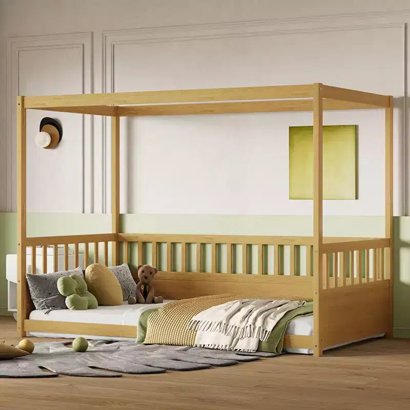 Letto a piattaforma a baldacchino con sponde, legno massello di pino – 148 cm A x 195,5 cm L x 105 cm P, Twin & Full, Bambini