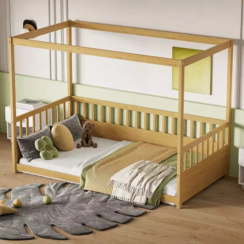 Letto a piattaforma a baldacchino con sponde, legno massello di pino – 148 cm A x 195,5 cm L x 105 cm P, Twin & Full, Bambini