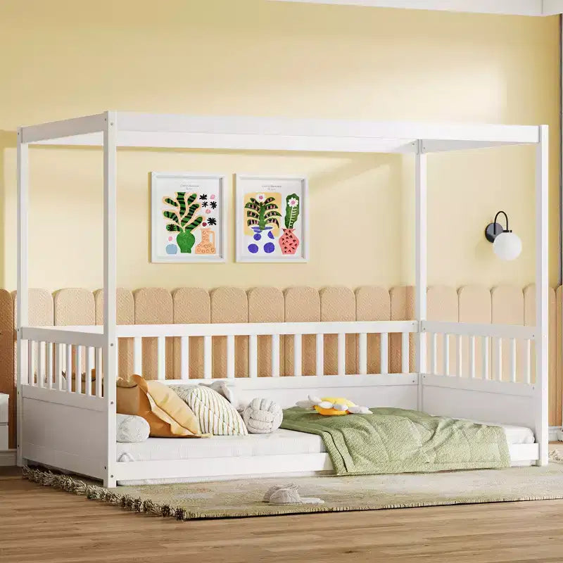 Letto a piattaforma a baldacchino con sponde, legno massello di pino – 148 cm A x 195,5 cm L x 105 cm P, Twin & Full, Bambini