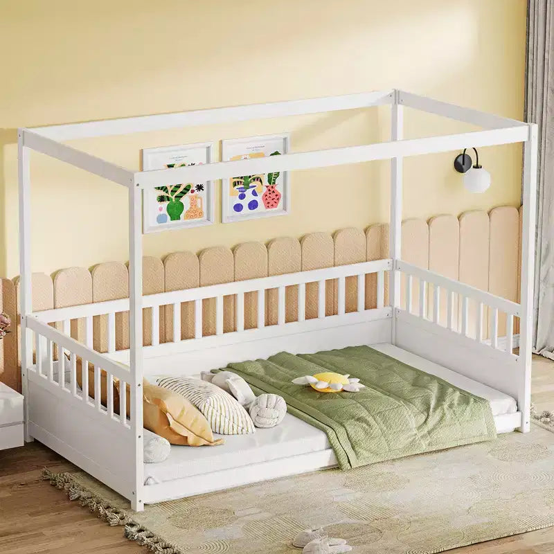 Letto a piattaforma a baldacchino con sponde, legno massello di pino – 148 cm A x 195,5 cm L x 105 cm P, Twin & Full, Bambini