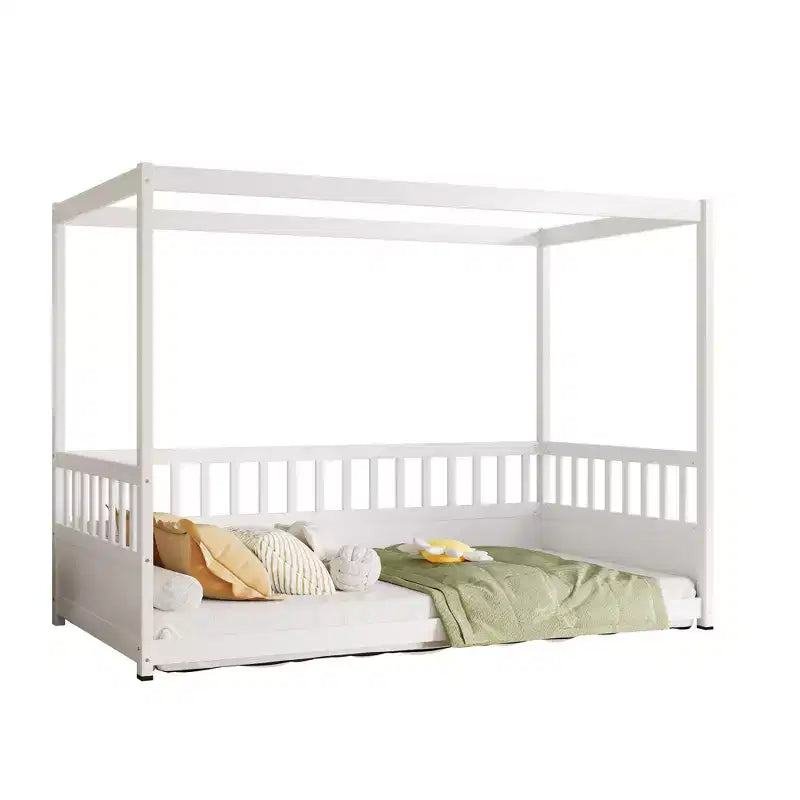 Letto a piattaforma a baldacchino con sponde, legno massello di pino – 148 cm A x 195,5 cm L x 105 cm P, Twin & Full, Bambini