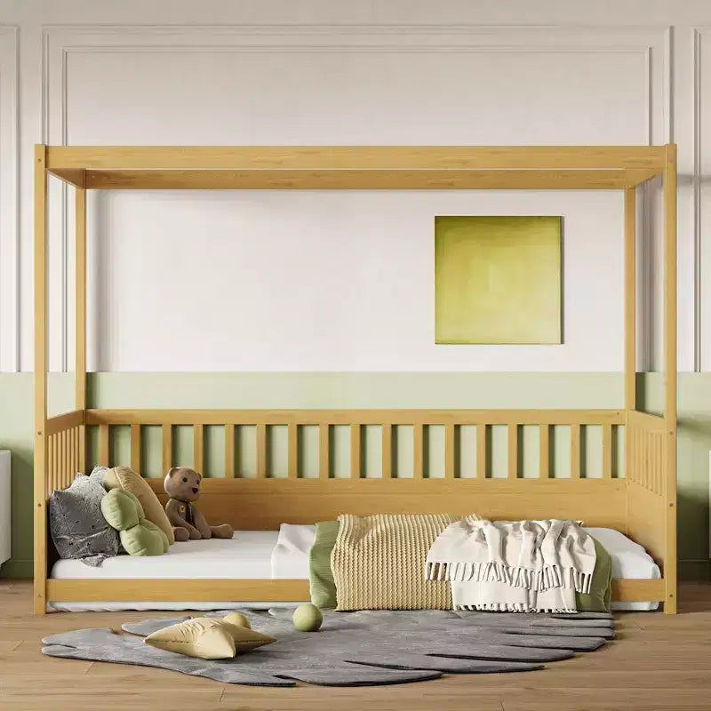 Okak Four Poster Design Twin/Full Floor Bed Frame with Guardrails,Wooden Canopy Beds for Kids Room,Bedroom