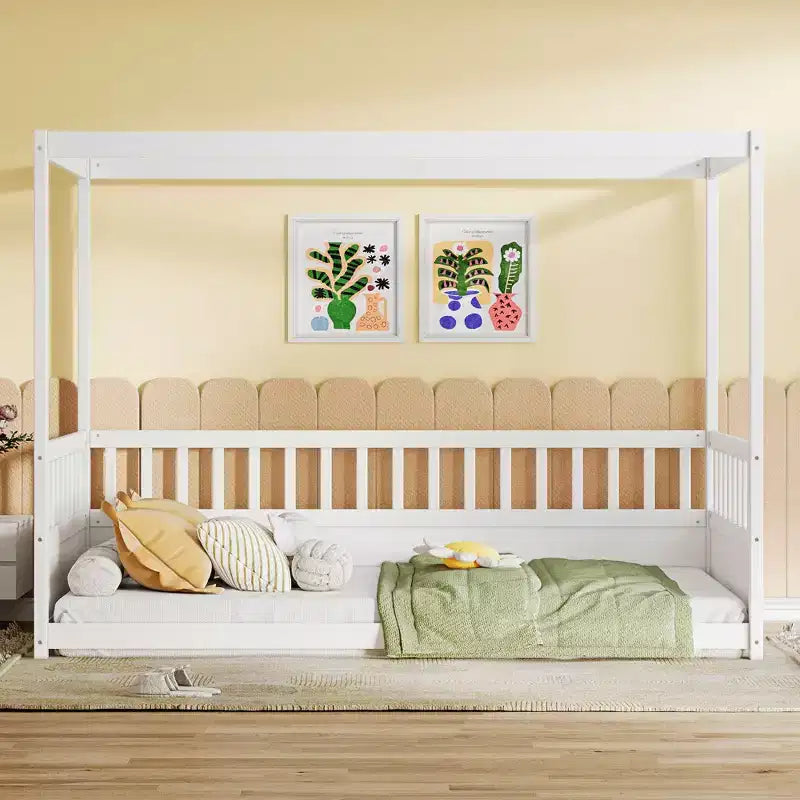 Letto a piattaforma a baldacchino con sponde, legno massello di pino – 148 cm A x 195,5 cm L x 105 cm P, Twin & Full, Bambini