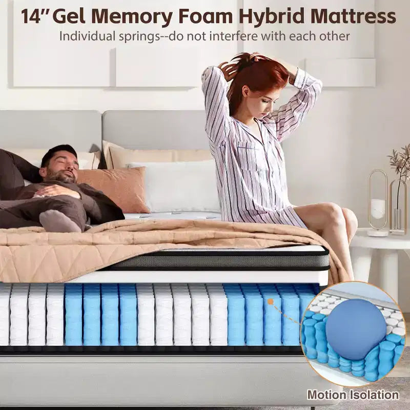 Materasso ibrido matrimoniale da 14 pollici, memory foam in gel e molle insacchettate, rigidità media, certificato CertiPUR-US