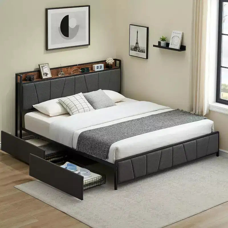 GustoWave Upholstered Platform Bed Frame with Storage Drawers & Charging Headboard - Twin, Full, Queen or King Size, Gray