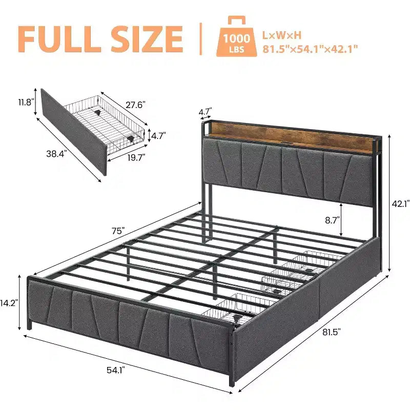 Struttura Letto Imbottita con 2 Cassetti Contenitori, Testiera con Stazione di Ricarica (USB e Type-C), Spazio Sottostante di 36 cm – da Singolo a King, Grigio