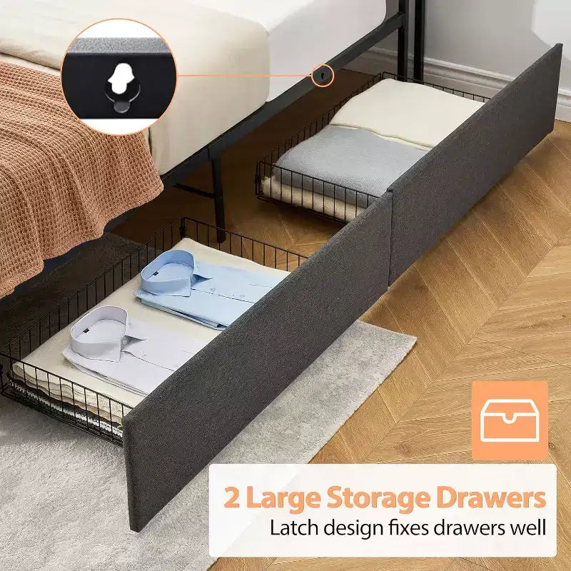 Struttura Letto Imbottita con 2 Cassetti Contenitori, Testiera con Stazione di Ricarica (USB e Type-C), Spazio Sottostante di 36 cm – da Singolo a King, Grigio