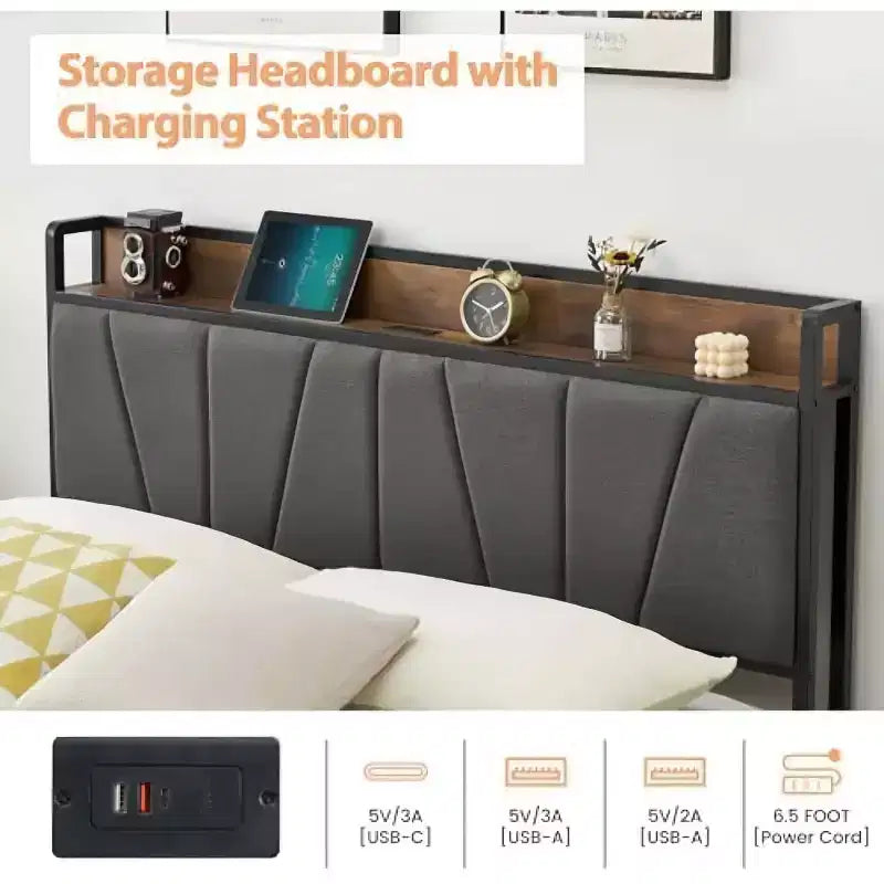 Struttura Letto Imbottita con 2 Cassetti Contenitori, Testiera con Stazione di Ricarica (USB e Type-C), Spazio Sottostante di 36 cm – da Singolo a King, Grigio