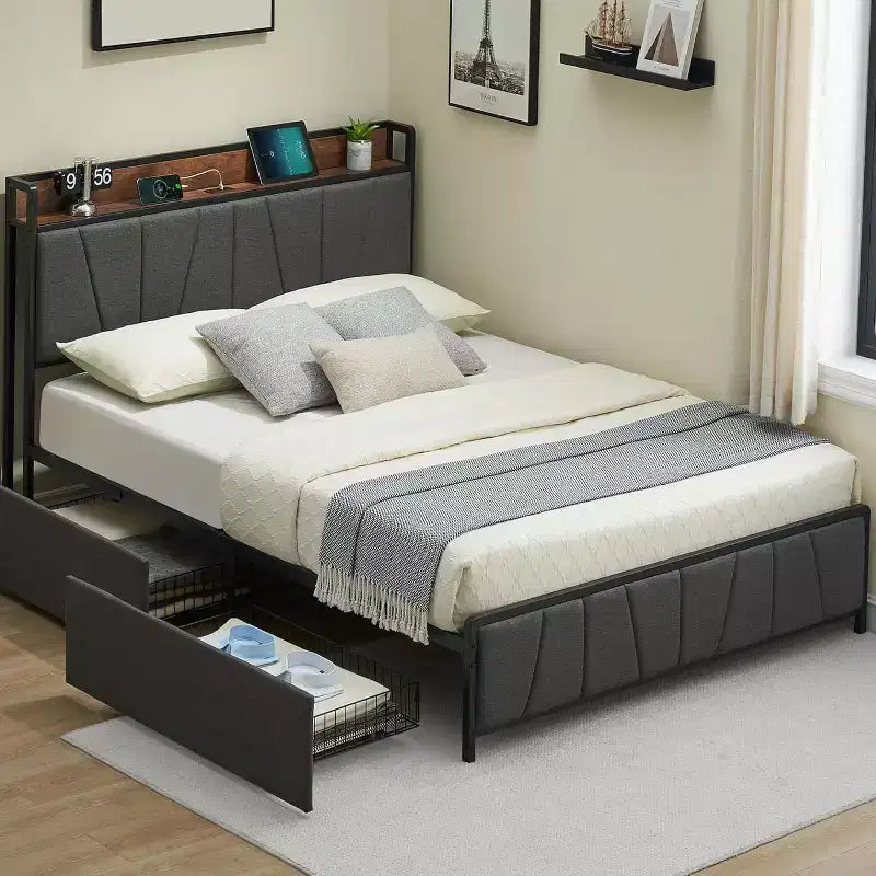 Struttura Letto Imbottita con 2 Cassetti Contenitori, Testiera con Stazione di Ricarica (USB e Type-C), Spazio Sottostante di 36 cm – da Singolo a King, Grigio