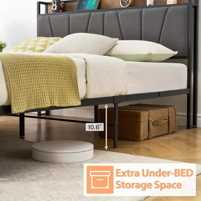 Struttura Letto Imbottita con 2 Cassetti Contenitori, Testiera con Stazione di Ricarica (USB e Type-C), Spazio Sottostante di 36 cm – da Singolo a King, Grigio