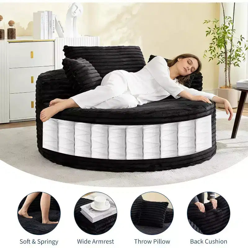 Poltrona da pavimento rotonda oversize in velluto a coste, senza struttura, seduta profonda, chaise longue – Soggiorno, Camera da letto