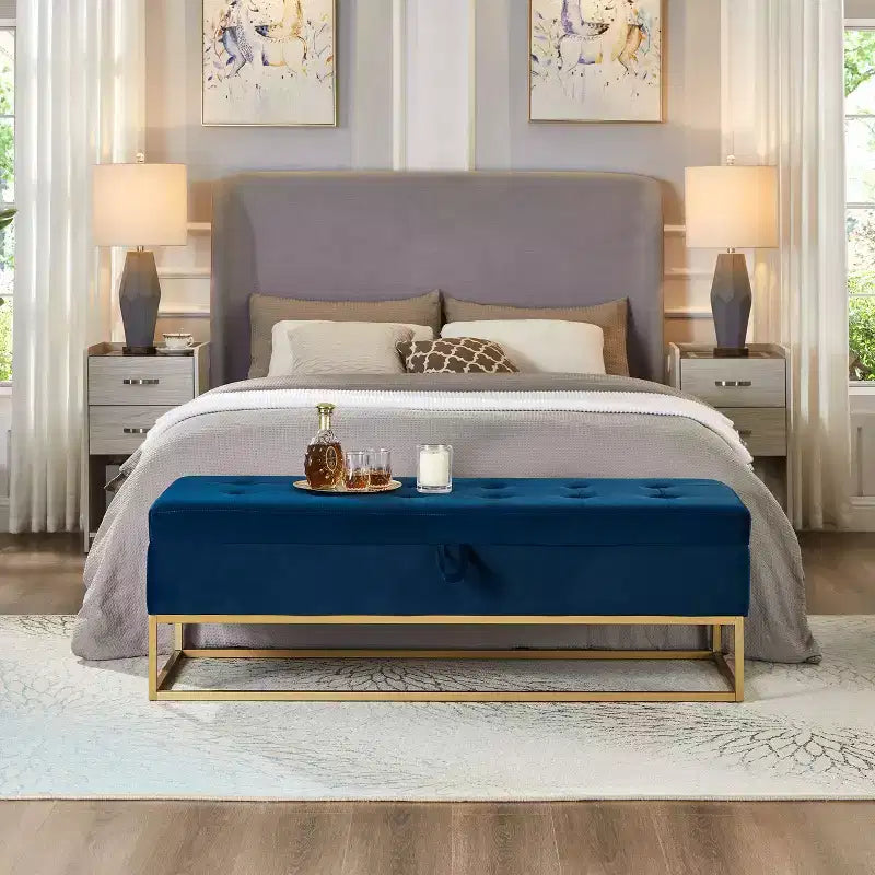 Panca contenitore rivestita da 148,8 cm con base in metallo e capitonné – Ingresso, soggiorno e camera da letto