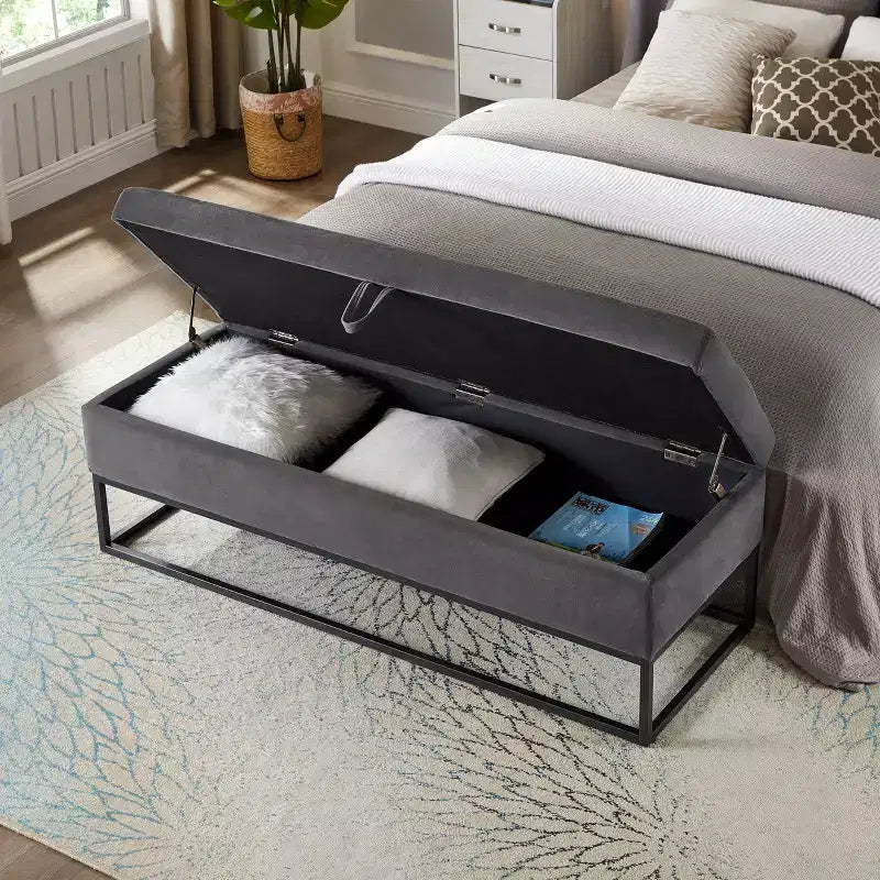 Panca contenitore rivestita da 148,8 cm con base in metallo e capitonné – Ingresso, soggiorno e camera da letto
