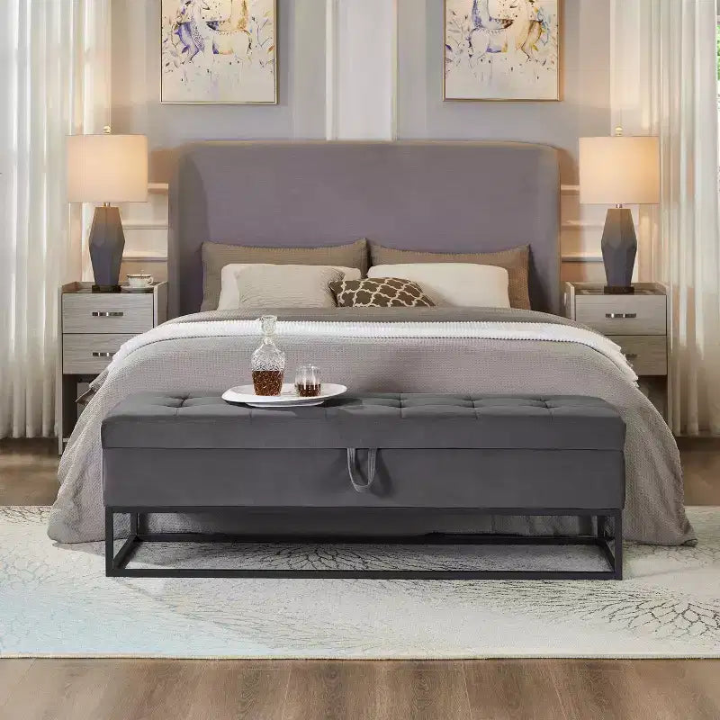 Panca contenitore rivestita da 148,8 cm con base in metallo e capitonné – Ingresso, soggiorno e camera da letto