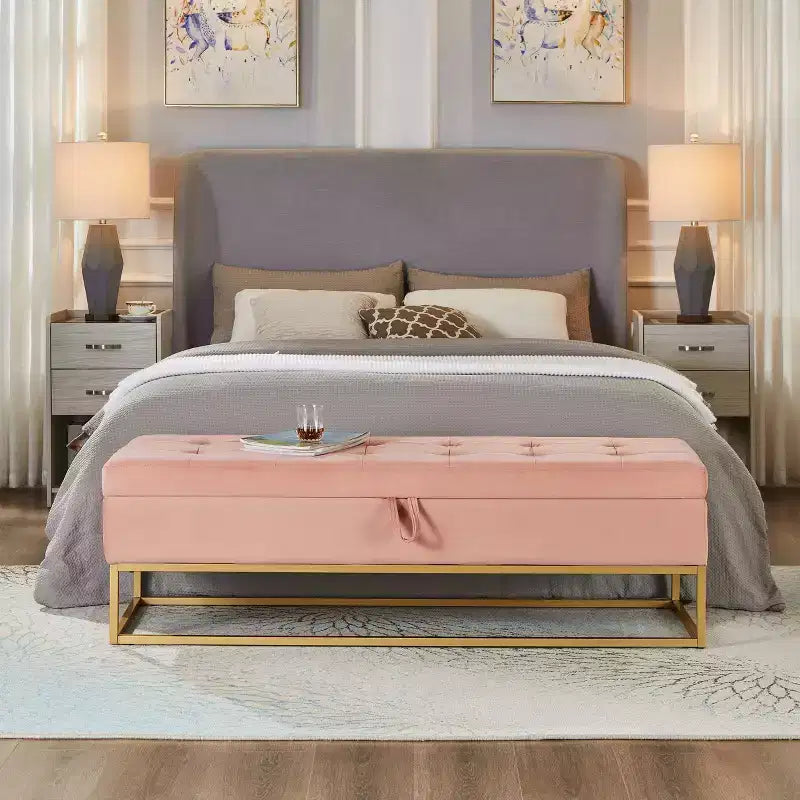 Panca contenitore rivestita da 148,8 cm con base in metallo e capitonné – Ingresso, soggiorno e camera da letto