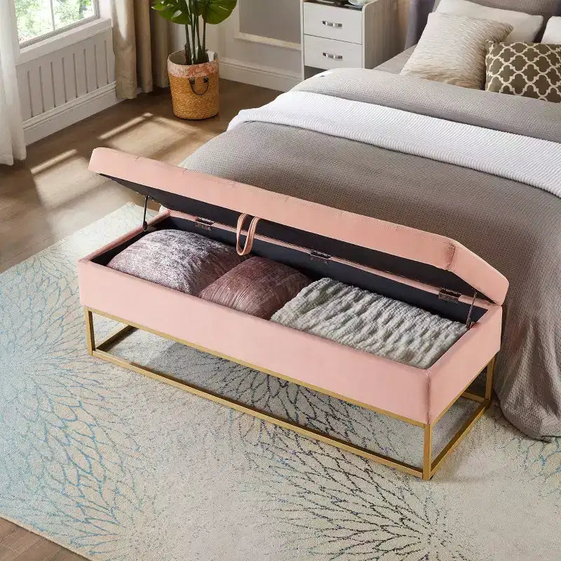 Panca contenitore rivestita da 148,8 cm con base in metallo e capitonné – Ingresso, soggiorno e camera da letto