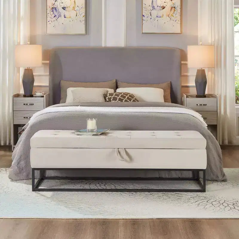 Panca contenitore rivestita da 148,8 cm con base in metallo e capitonné – Ingresso, soggiorno e camera da letto