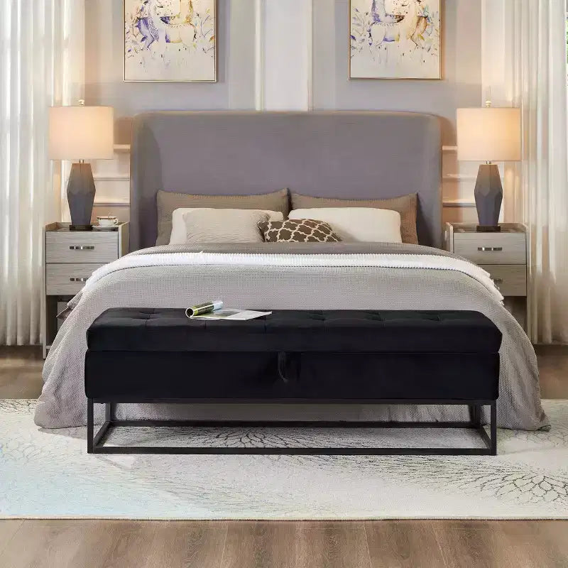 Panca contenitore rivestita da 148,8 cm con base in metallo e capitonné – Ingresso, soggiorno e camera da letto