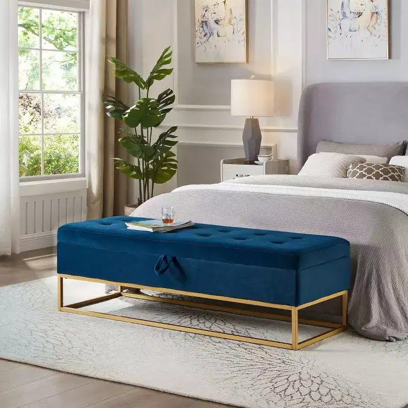 Panca contenitore rivestita da 148,8 cm con base in metallo e capitonné – Ingresso, soggiorno e camera da letto