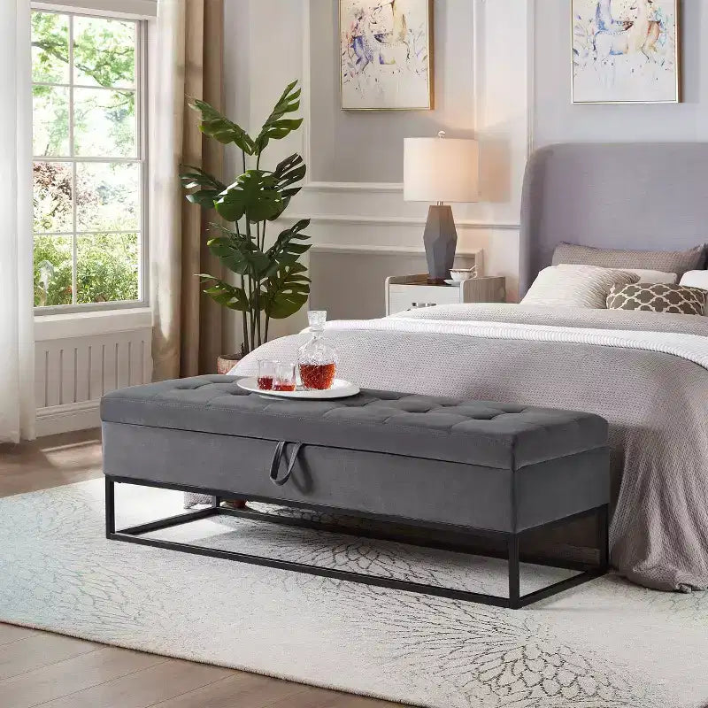 Panca contenitore rivestita da 148,8 cm con base in metallo e capitonné – Ingresso, soggiorno e camera da letto