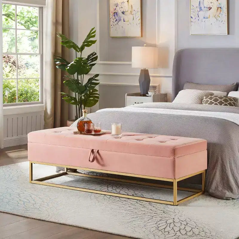 Panca contenitore rivestita da 148,8 cm con base in metallo e capitonné – Ingresso, soggiorno e camera da letto