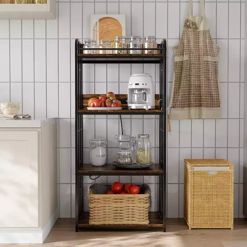 Scaffale da cucina a 4 ripiani con ripiani regolabili, ruote girevoli, presa elettrica opzionale
