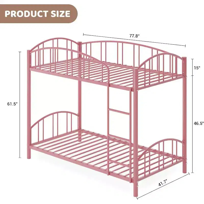 Letto a castello singolo su singolo, rosa, struttura in metallo, ringhiera arcuata, doghe in acciaio, 158 kg per letto – 156,2 cm H x 195,6 cm L x 105,9 cm P