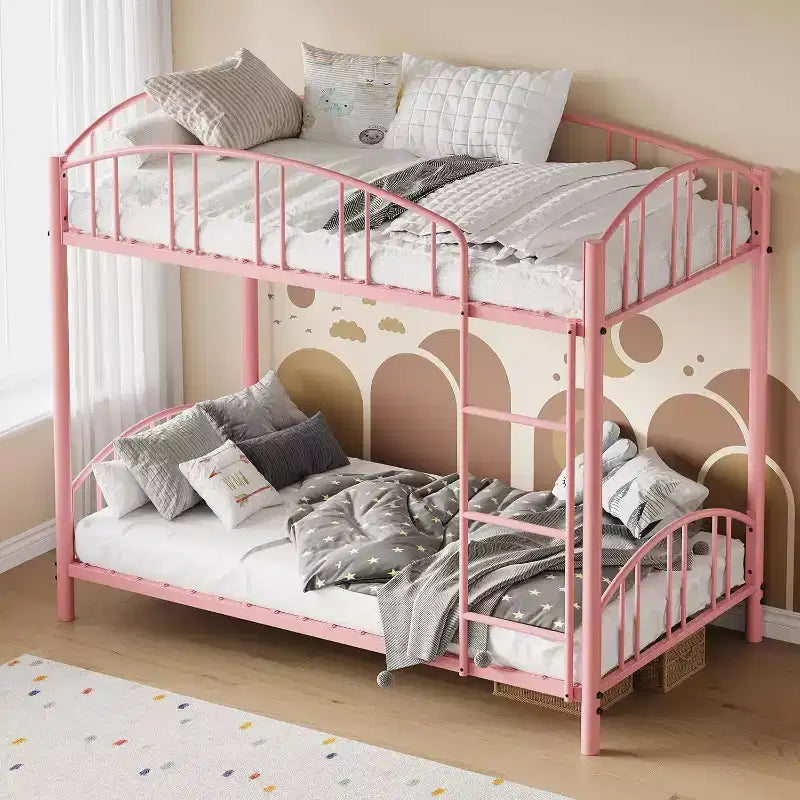 Letto a castello singolo su singolo, rosa, struttura in metallo, ringhiera arcuata, doghe in acciaio, 158 kg per letto – 156,2 cm H x 195,6 cm L x 105,9 cm P