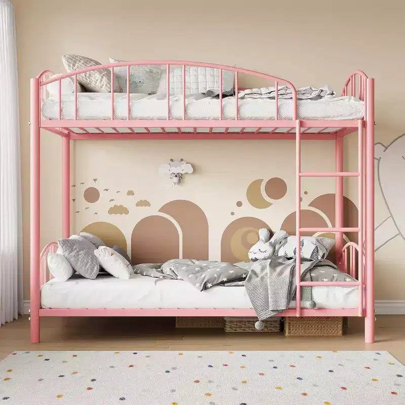 Letto a castello singolo su singolo, rosa, struttura in metallo, ringhiera arcuata, doghe in acciaio, 158 kg per letto – 156,2 cm H x 195,6 cm L x 105,9 cm P