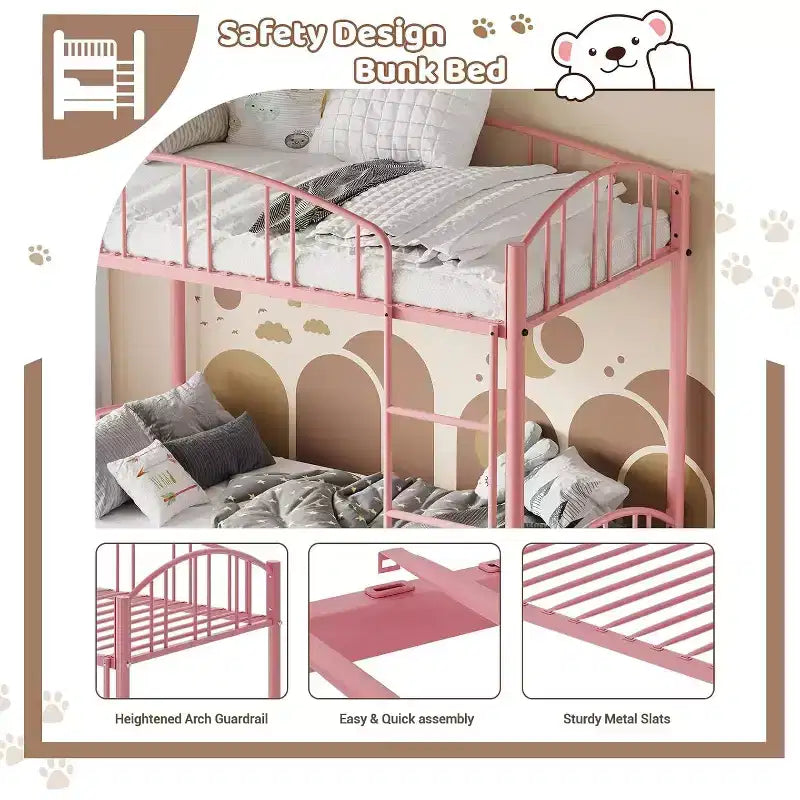 Letto a castello singolo su singolo, rosa, struttura in metallo, ringhiera arcuata, doghe in acciaio, 158 kg per letto – 156,2 cm H x 195,6 cm L x 105,9 cm P
