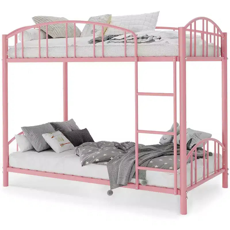 Letto a castello singolo su singolo, rosa, struttura in metallo, ringhiera arcuata, doghe in acciaio, 158 kg per letto – 156,2 cm H x 195,6 cm L x 105,9 cm P