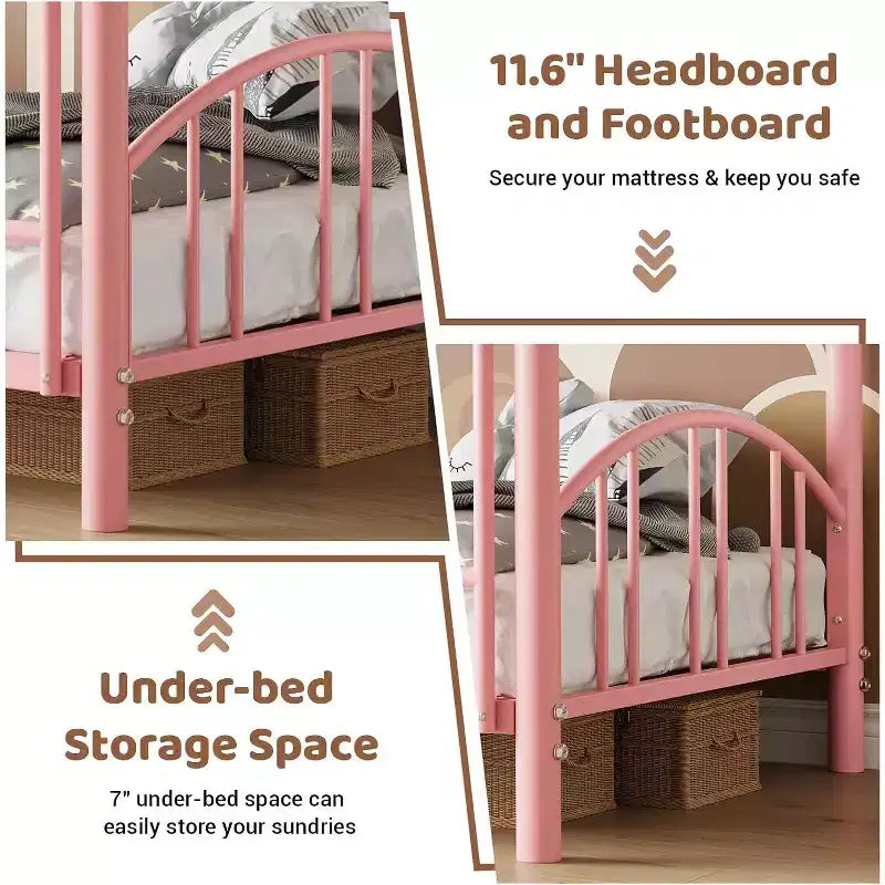 Letto a castello singolo su singolo, rosa, struttura in metallo, ringhiera arcuata, doghe in acciaio, 158 kg per letto – 156,2 cm H x 195,6 cm L x 105,9 cm P