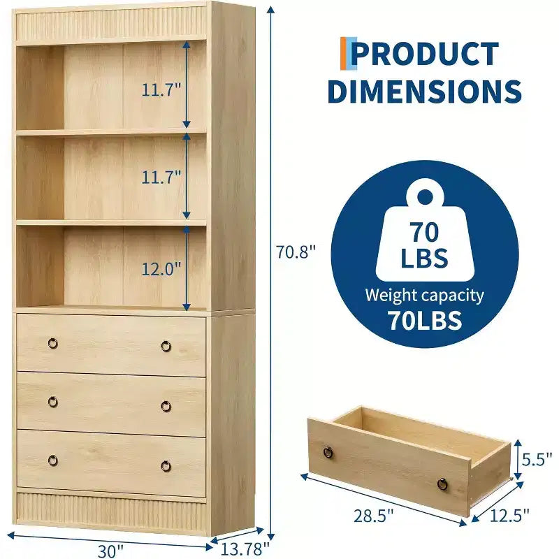 Libreria a 6 ripiani scanalati con 3 cassetti, design a pannelli ondulati – 180 cm (A) x 76 cm (L) x 35,5 cm (P), Legno di frassino
